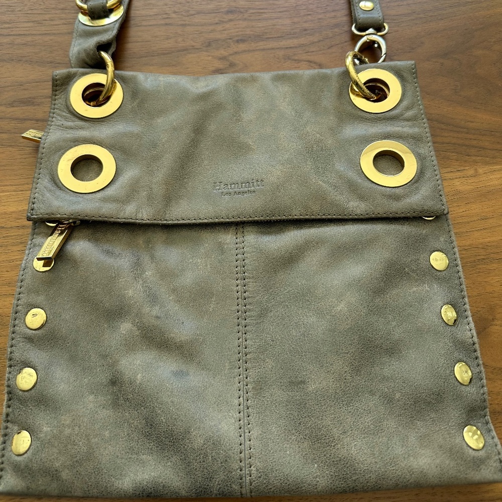 Hammitt Large Montana Pewter with Gold Hardware Leather Crossbody Bag